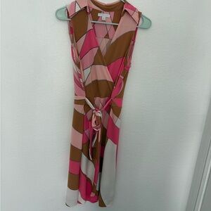 New York & Company Pink, Brown & Cream Geometric Wrap Midi Dress